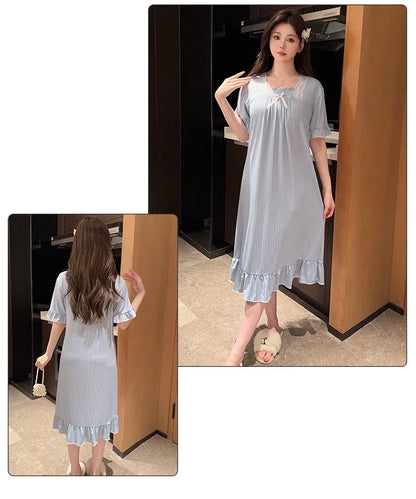 Hot Summer Plus Size Sexy Lace V-neck Short Sleeve Cotton Nightgowns for Women Cute Sleepwear Night Dress Nightdress Home Nighty