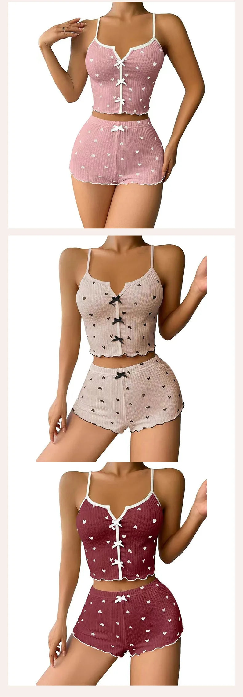 Women's Pajama Set Heart Print Soft Ribbed Fabric Sleepwear with Flirty Frill Trim Casual Cami Top and Shorts Sets Loungewear