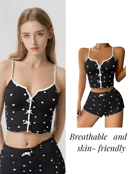 Sexy Sleepwear Women Pajamas Set Heart Print Silk Stain V-Neck Sleeveless Casual Cami Top and Shorts Sets Home Suit Loungewear