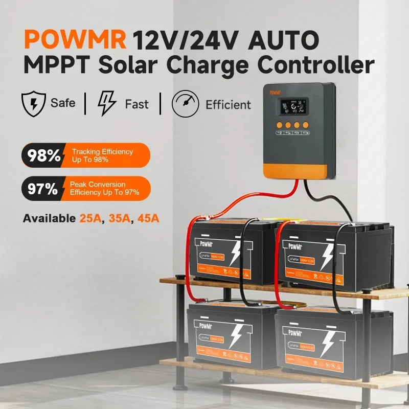 PowMr MPPT 25A 35A 45A Solar Charge Controller 12V 24V Auto Multi-Battery Compatibility & Protection Max PV 100V for Solar Home