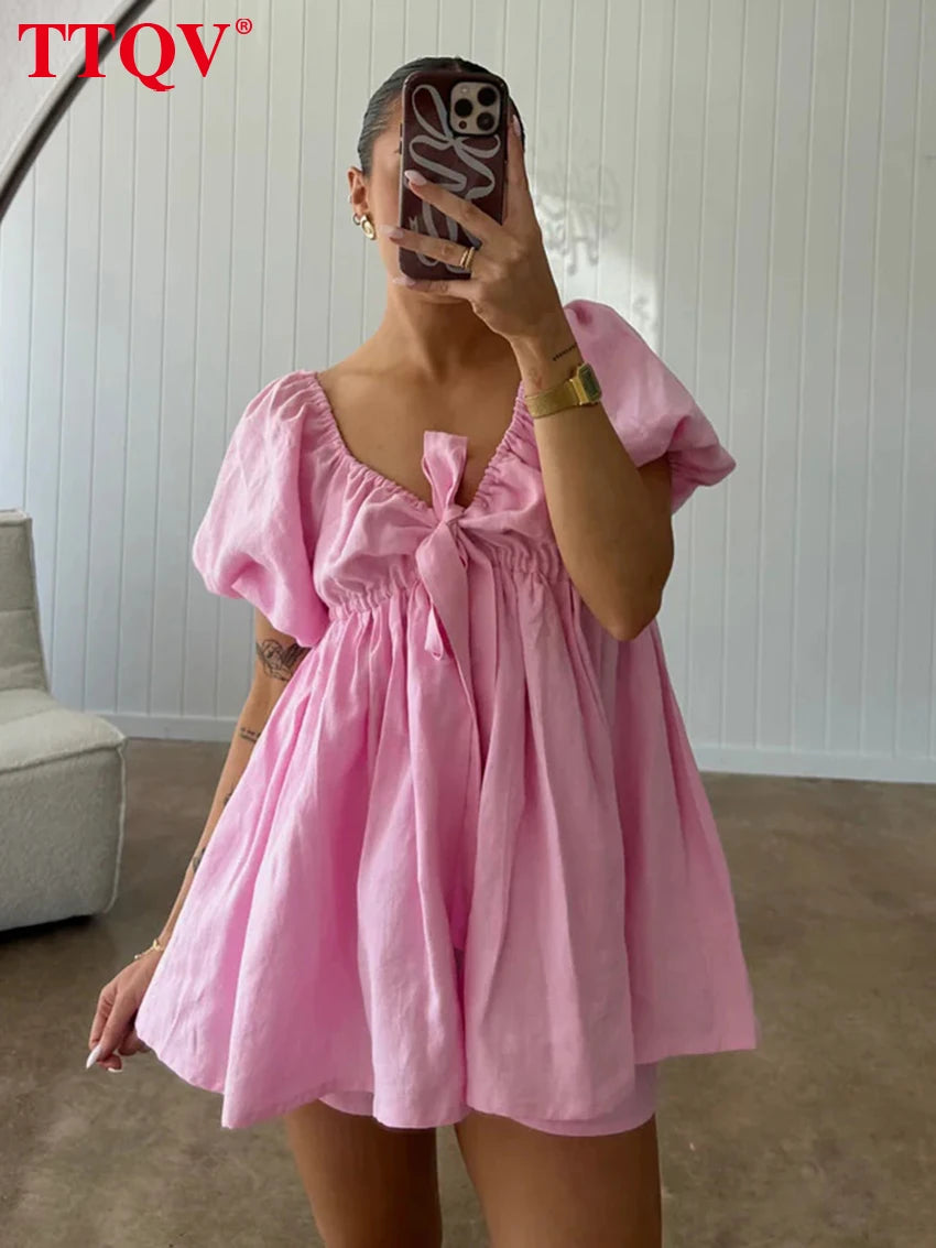 TTQV Sexy Loose White Cotton Two Piece Outfits Woman 2026 Fashion Short Sleeve Shirt With High Waist Shorts Set Female Clothing