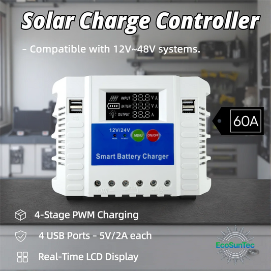 60A Smart Solar Charge Controller 12V/24V/36V/48V Auto,PWM 3-Stage Charging,LCD Display,for Lead-Acid/AGM/Gel/Li-ion/LiFePO4