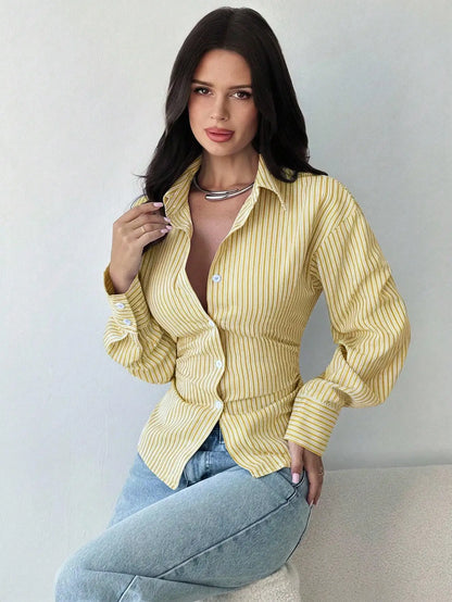 Autumn New Women's Long-sleeved Shirts Waist Striped Lapels Fashion and Versatile Commuting Casual Tops Inner Blouses for Female