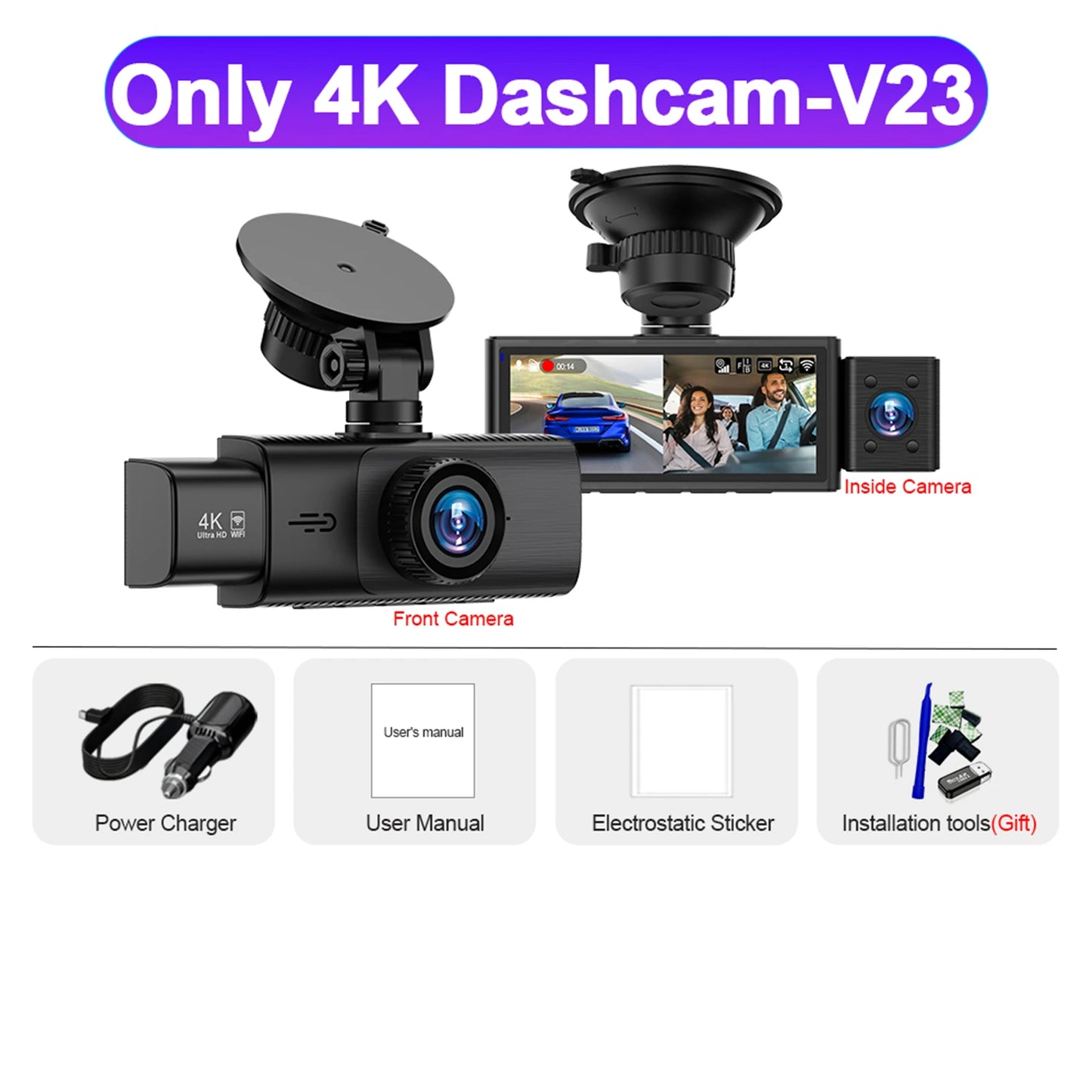 3 Channel WiFi 4K Dash Cam Front and Inside DashCam 1080P Rear Camera Night Vision 24H Parking Car DVR Black Box Support GPS