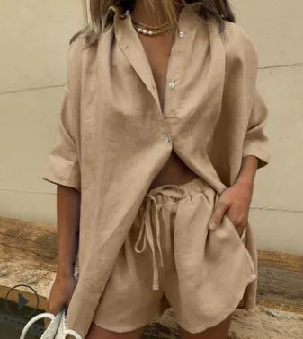 2024 Summer New Women's 2-piece set Solid Single breasted Short sleeve Shirt Two piece Set Wide Leg Lace-up Shorts For Women