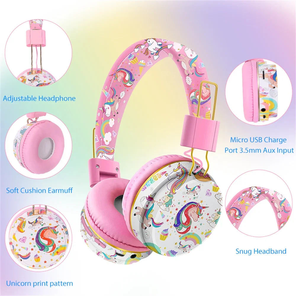 Unicorn Kids Headphones Bluetooth Headset Wireless & 3.5mm Wired Headsets Stereo Music Headphones for School Travel with Gifts