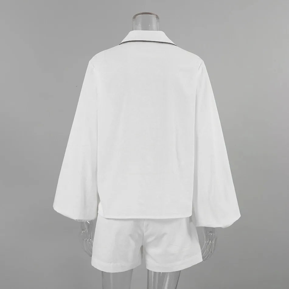New in Summer Women's Elegant Set   Cotton Linen Long-Sleeved Black White Contrasting Color Design Shirt Shorts Two-Piece