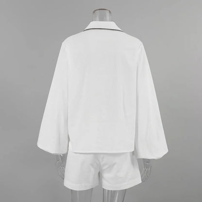 New in Summer Women's Elegant Set   Cotton Linen Long-Sleeved Black White Contrasting Color Design Shirt Shorts Two-Piece