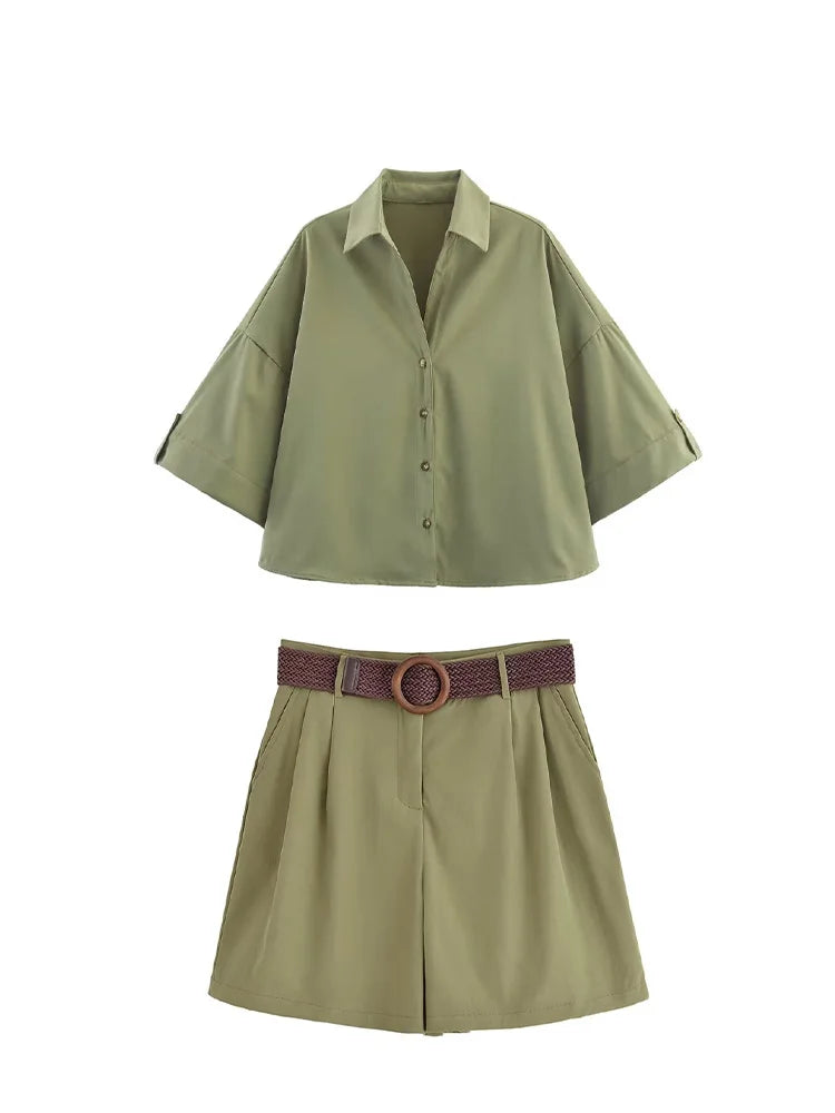 HH Women Elegant Turn-Down Collar Single-Breasted Shirts Top+Chic Mid Waist Belt Decoration Zipper Casual Shorts 2-Piece Set