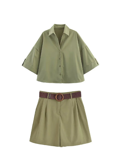 HH Women Elegant Turn-Down Collar Single-Breasted Shirts Top+Chic Mid Waist Belt Decoration Zipper Casual Shorts 2-Piece Set