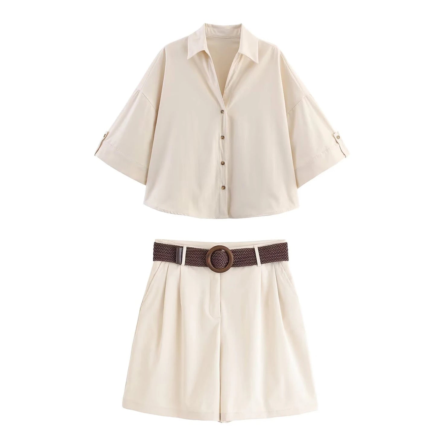 HH Women Elegant Turn-Down Collar Single-Breasted Shirts Top+Chic Mid Waist Belt Decoration Zipper Casual Shorts 2-Piece Set