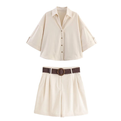 HH Women Elegant Turn-Down Collar Single-Breasted Shirts Top+Chic Mid Waist Belt Decoration Zipper Casual Shorts 2-Piece Set