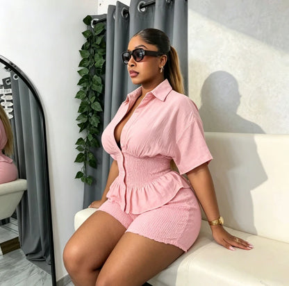 Elegant New Design WomenSummer Two Piece Set Solid Color Short Sleeve Elastic Waist Ruffles Hem Blouse Top And Folds Shorts Set