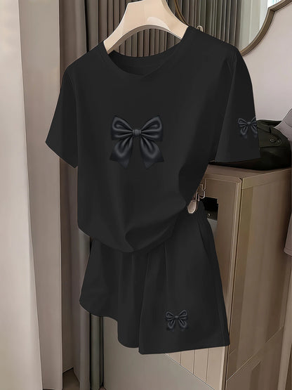 French Retro Style Elegant Bow Print Short-Sleeve Set for Women, Loose Fit, Slimming, Stylish Casual Fashion Versatile T-Shirt and Shorts Two-Piece Set, Daily Date Outfit, Women's Clothing