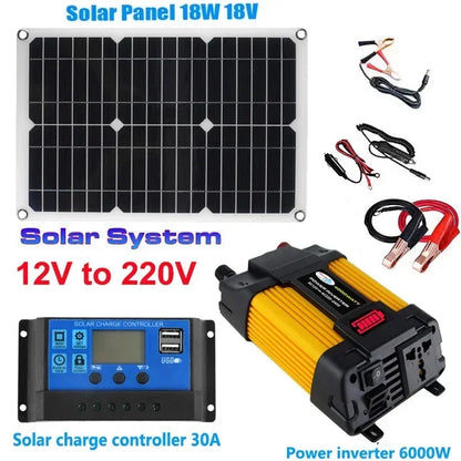 110/220V Solar Power System 18W Solar Panel Battery Charge 30A Controller 6000W 12V 220V Inverter Complete Power Generation Kit