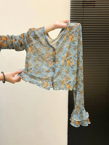 Floral Blouse For Women V-neck Flare Sleeve Slim Fit Gauze Shirts 2026 Blusas Mujer De Moda Vintage Summer Sweet Blouses Tops