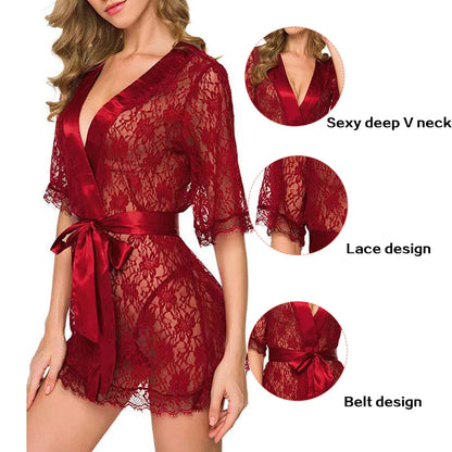 New Hot Sexy Women Floral Lace Lingerie V-Neck Sheer Mesh Nightgown Comfortable Ladies Kimono Nightdress Sleepwear