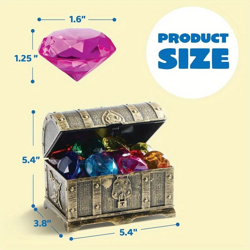 Joyfy Diving Gems Pool Toys 16 Big Colorful Diamond with Pirate Treasure Chest for Kids Underwater Gemstone Swimming Train Gift
