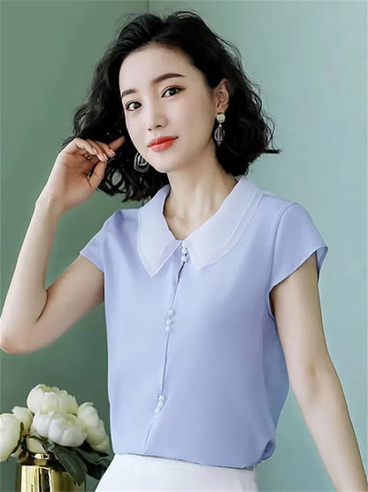 Women Spring Summer Style Blouses Shirts Lady Casual Short Sleeve Peter Pan Collar Blue Pink Blusas Tops