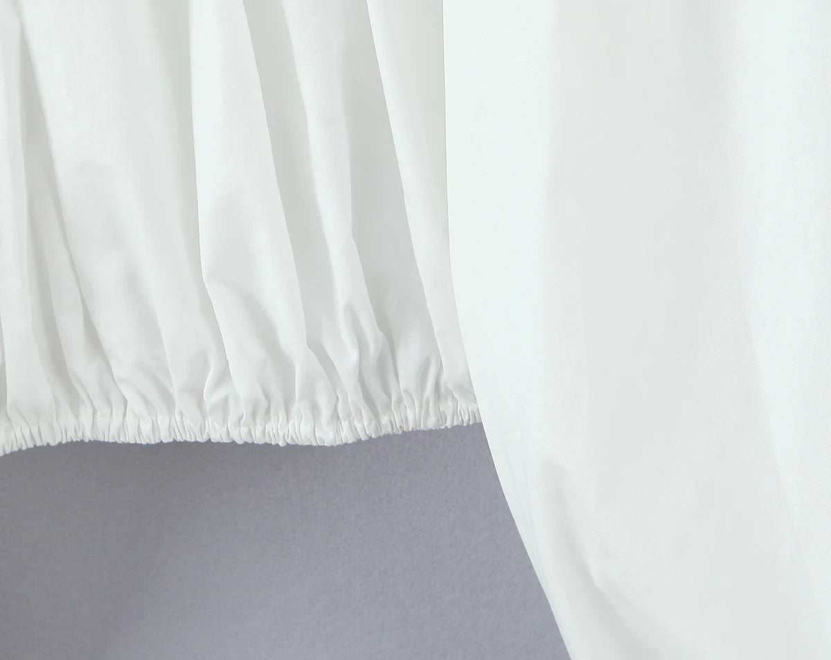 2 pieces 1 set Spring Summer White Elastic Slash Shoulder Lantern Sleeve Shirt + Wood ears Elastic Waist BUD Mini Shorts Suits