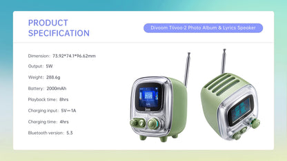 Divoom T-tiivoo-2 Mini small tv portable Radio FM with Adjustable Antenna Vintage Wireless 5.0 Bluetooth Speaker cute gift