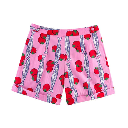 Willshela Women Fashion 2 Piece Set Printed Bow Lace Up Shirts & Vintage Front Zipper Mini Shorts Female Chic Lady Shorts Sets