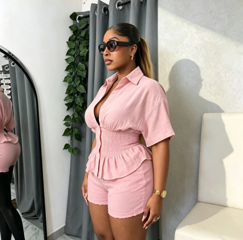Elegant New Design WomenSummer Two Piece Set Solid Color Short Sleeve Elastic Waist Ruffles Hem Blouse Top And Folds Shorts Set