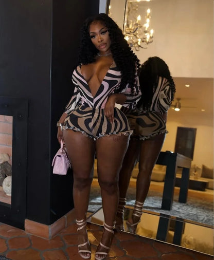 Sexy Stripe Print V-neck Long Sleeve Blouse Top and Sheer Mesh Shorts Two-piece Set Women Bodysuit Summer Sets Womens Outfits