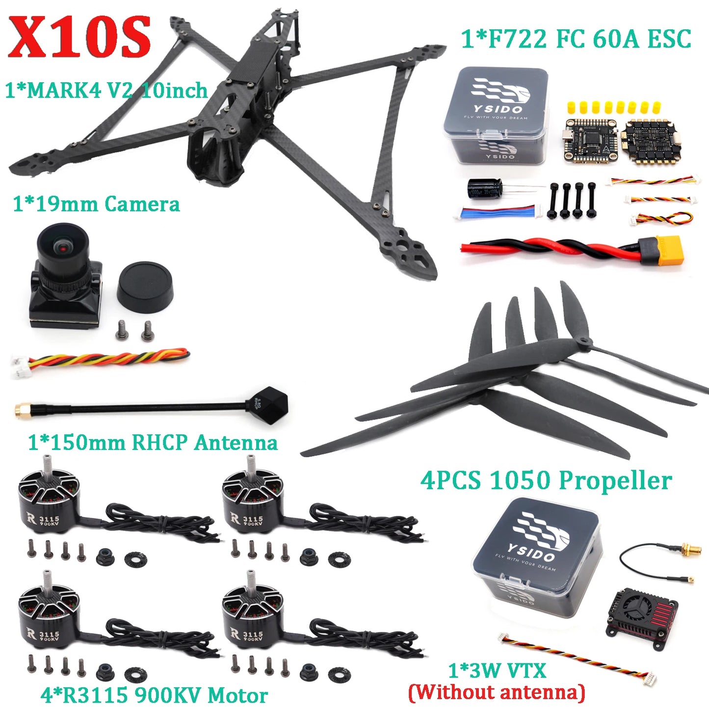Mark4 V2 10inch Frame Kit F7 Flight Control 60A ESC Stack R3115 900KV Brushless Motor 1050 Propeller ELRS for FPV Camera Drone