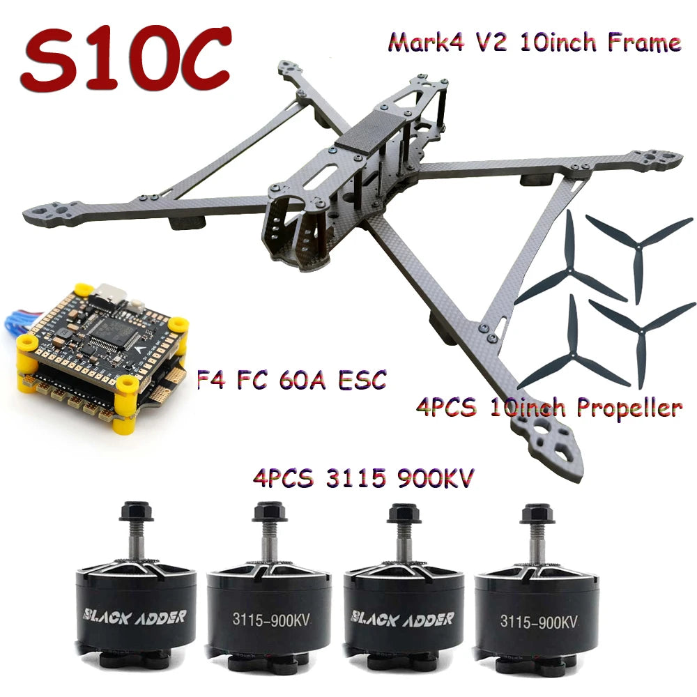 Mark4 V2 10inch FPV Frame Combo Set F405 V3S FC 60A 4-in-1 ESC 3115 900KV Motor Propeller ELRS for RC FPV Freestyle Racing Drone