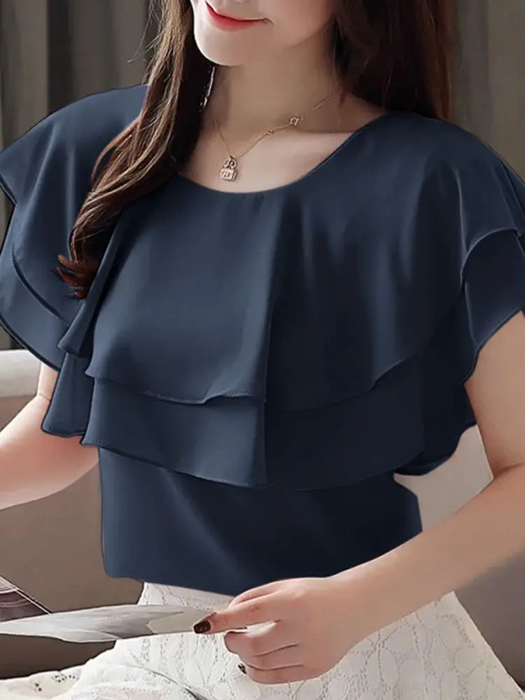 ZANZEA 2025 Women Shirts Vintage Round Neck Short Sleeve Blouses Fashion Double Ruffled Blusas Casual Pleated Solid Tops Femme