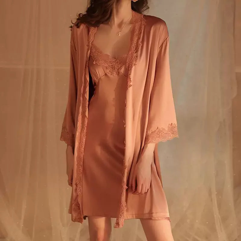Sexy Female Sleepwear Nighty&Robe Set French Kimono Bathrobe Gown Patchwork Lace Lingerie Nightgown Loose Homewear Loungewear