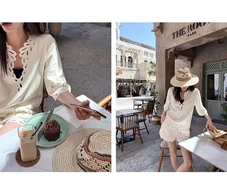French Elegant White Linen Eyelet Lace Blouse Shorts Set Women V Neck Embroidered Hollow Out Tops And Elastic Waist Short Pants