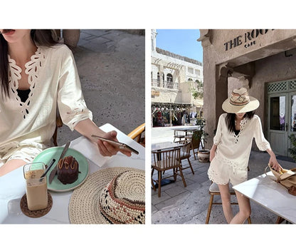 French Elegant White Linen Eyelet Lace Blouse Shorts Set Women V Neck Embroidered Hollow Out Tops And Elastic Waist Short Pants