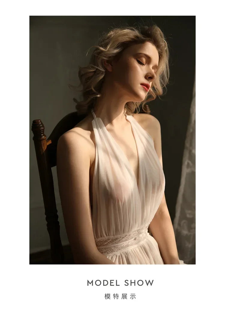 Sexy Backless Transparent Tulle Nightdress Halter Neck Mesh Underwear Nighty For Ladies Sleepwear Fairy Women Lingerie Nightwear
