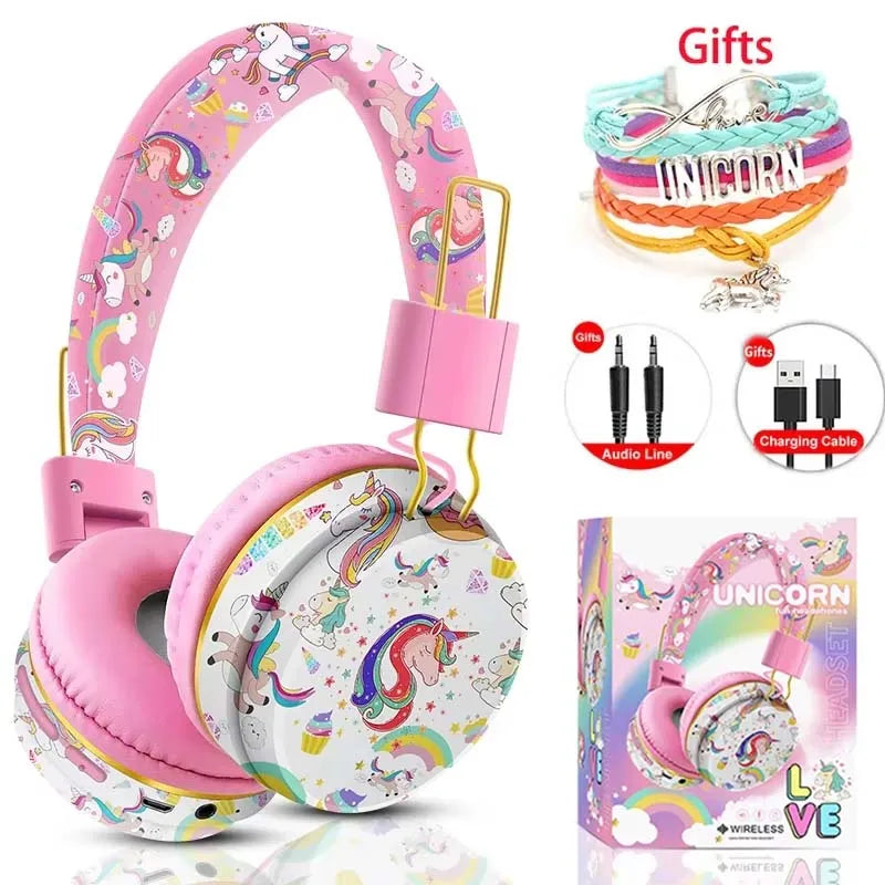 Unicorn Kids Headphones Bluetooth Headset Wireless & 3.5mm Wired Headsets Stereo Music Headphones for School Travel with Gifts