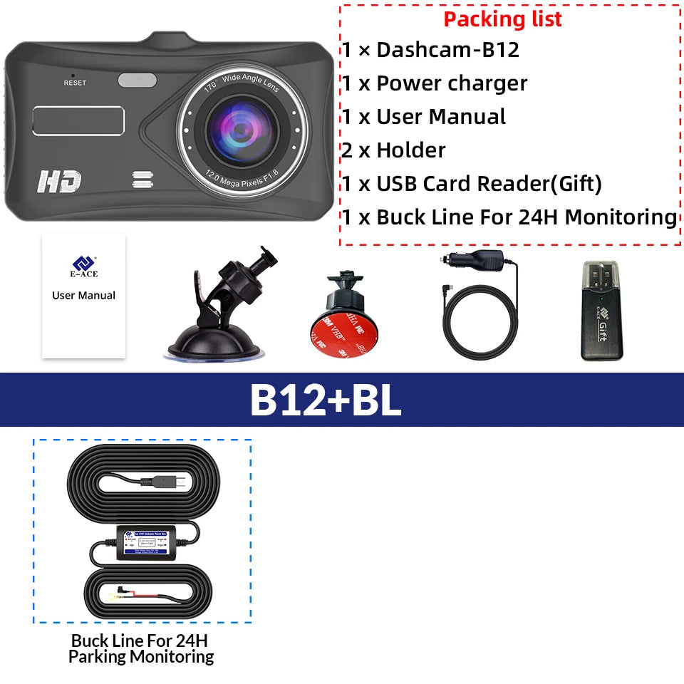 E-ACE 1080P Car DVR B12 Dash Cam Touch Sensitive Dash Camera WDR G sensor Night Vision Optional Rear Lens Hidden Dashcam