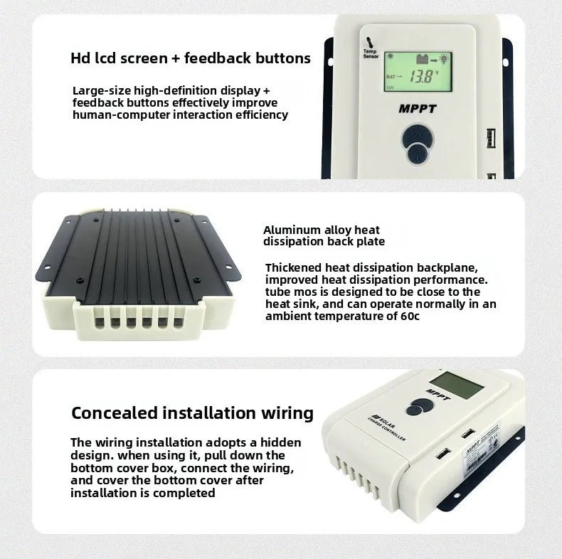 MPPT Solar Charge Controller 10A20A30A40A50A60A Smart LCD Charging 12V24V Auto Photovoltaic Controller Bluetooth