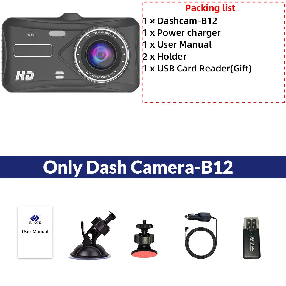 E-ACE 1080P Car DVR B12 Dash Cam Touch Sensitive Dash Camera WDR G sensor Night Vision Optional Rear Lens Hidden Dashcam