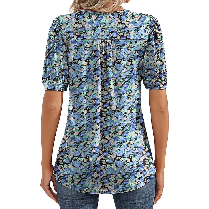 Womens Tunic Tops V Neck Shirts Short Sleeve Summer Puff Pleated Casual Blouses Puff Pleated Work Blouse Fashion Tops