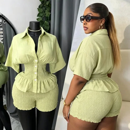 Elegant New Design WomenSummer Two Piece Set Solid Color Short Sleeve Elastic Waist Ruffles Hem Blouse Top And Folds Shorts Set