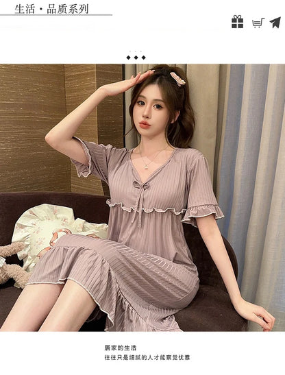Hot Summer Plus Size Sexy Lace V-neck Short Sleeve Cotton Nightgowns for Women Cute Sleepwear Night Dress Nightdress Home Nighty