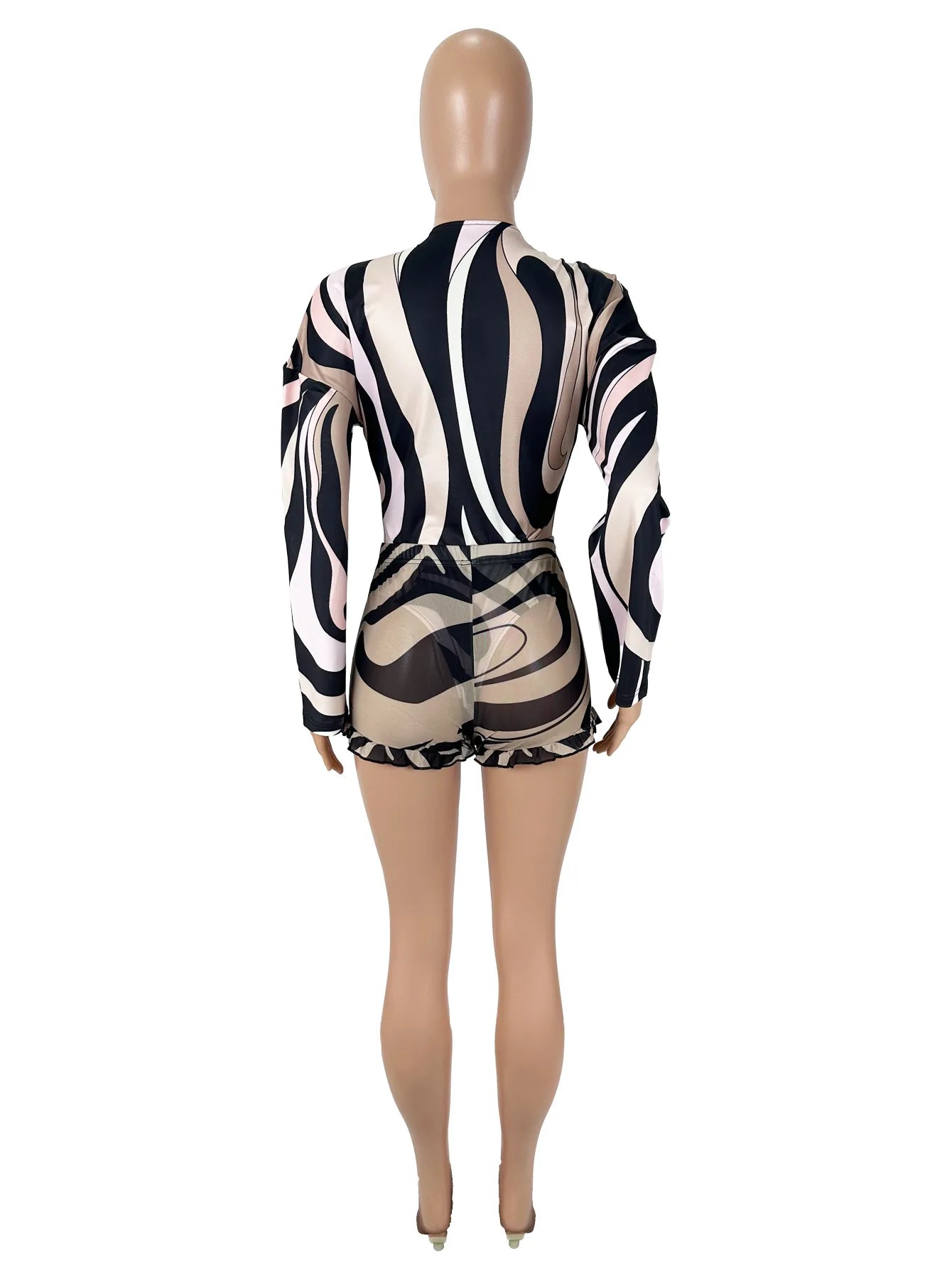 Sexy Stripe Print V-neck Long Sleeve Blouse Top and Sheer Mesh Shorts Two-piece Set Women Bodysuit Summer Sets Womens Outfits