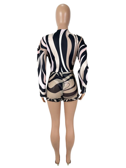 Sexy Stripe Print V-neck Long Sleeve Blouse Top and Sheer Mesh Shorts Two-piece Set Women Bodysuit Summer Sets Womens Outfits