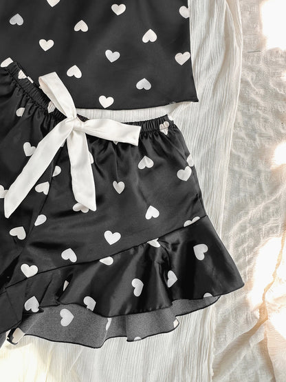 Cute Heart Print Pajamas for Women Set V Neck Top and Shorts Loungewear Sexy Fashion Women’s Sleepwear for Home