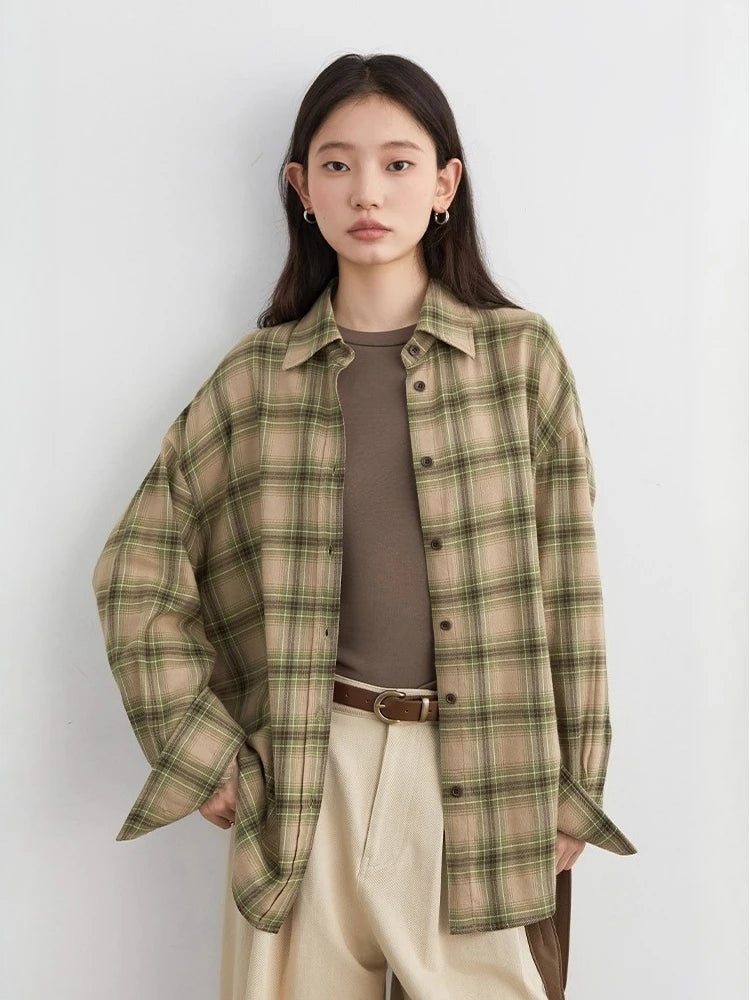 CHIC VEN Women Shirts Loose Casual New Sanding Plaid Shirt Long Sleeve Medium Long Length Blouses Female Tops Spring Autumn 2025