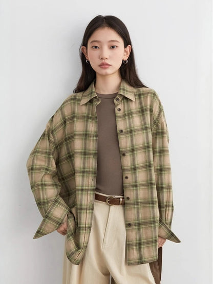 CHIC VEN Women Shirts Loose Casual New Sanding Plaid Shirt Long Sleeve Medium Long Length Blouses Female Tops Spring Autumn 2025