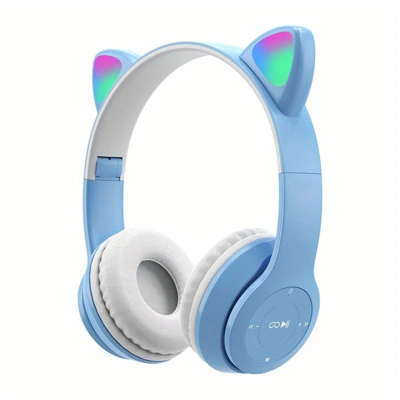 Cute Light Blue Cat Ear Over-Ear Bluetooth Headphones, Foldable Wireless Gaming Headset with LED Glowing Lights, Noise Isolation Cat Ear Headphones for Girls Kids Gaming Music