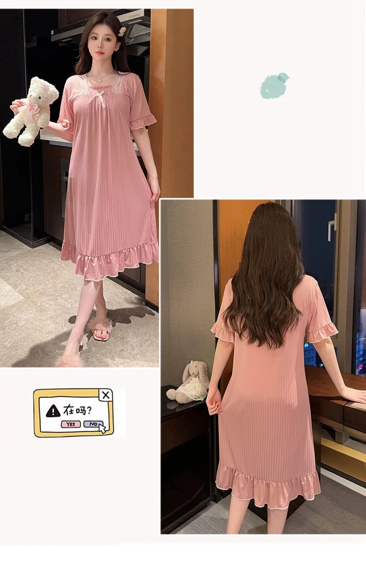 Hot Summer Plus Size Sexy Lace V-neck Short Sleeve Cotton Nightgowns for Women Cute Sleepwear Night Dress Nightdress Home Nighty