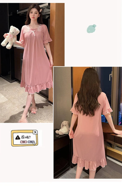 Hot Summer Plus Size Sexy Lace V-neck Short Sleeve Cotton Nightgowns for Women Cute Sleepwear Night Dress Nightdress Home Nighty
